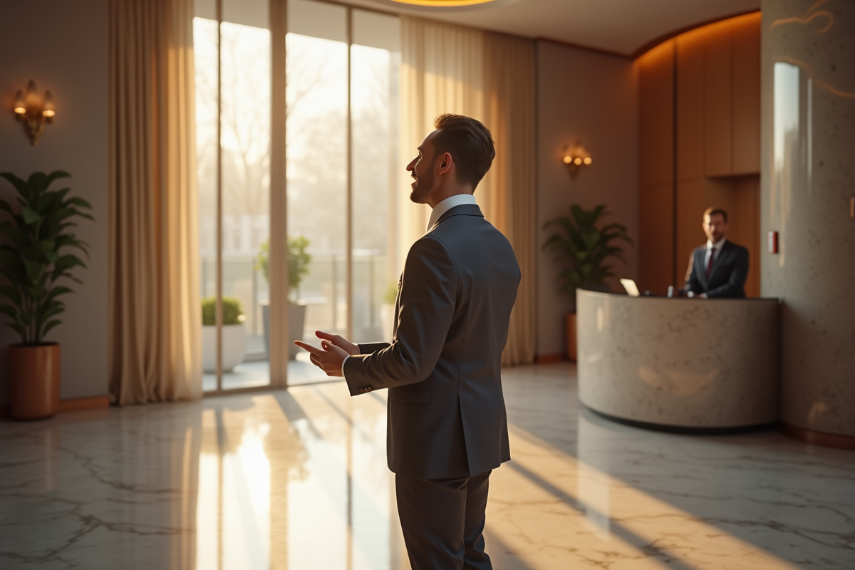 Gestionnaire accueillant des clients dans un lobby élégant d appartement