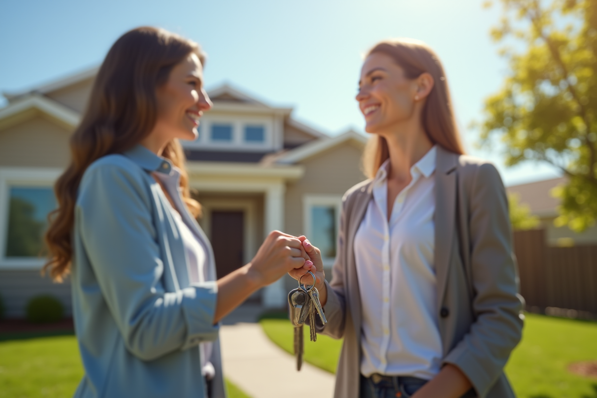 Jeune couple serre la main d un agent immobilier devant une maison neuve