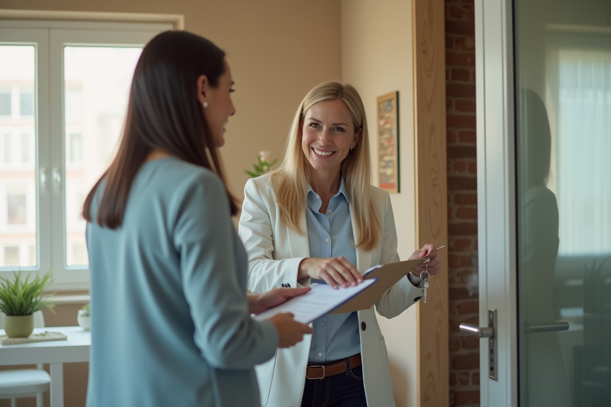 Agent immobilier remettant clés et contrat à un locataire