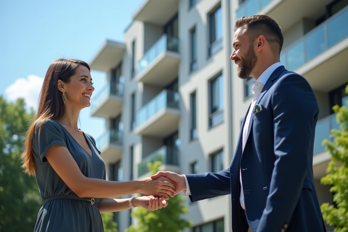 Agent immobilier remettant les clés à un client souriant