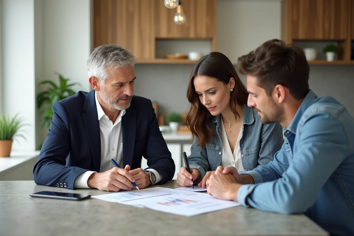 Agent immobilier en blazer bleu examine un rapport de valuation