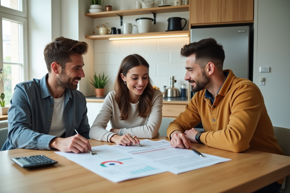 Agent immobilier et famille examinant rapport de location