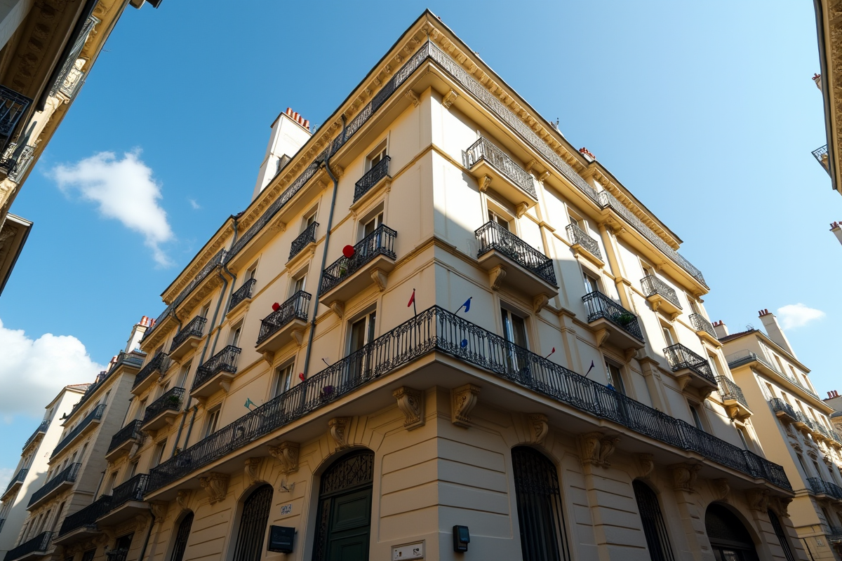 Façade d un immeuble parisien sous un ciel bleu ensoleillé