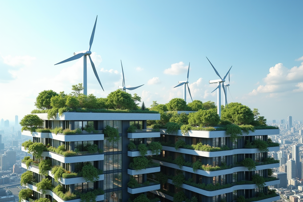 Immeuble urbain avec jardins verticaux et turbines éoliennes