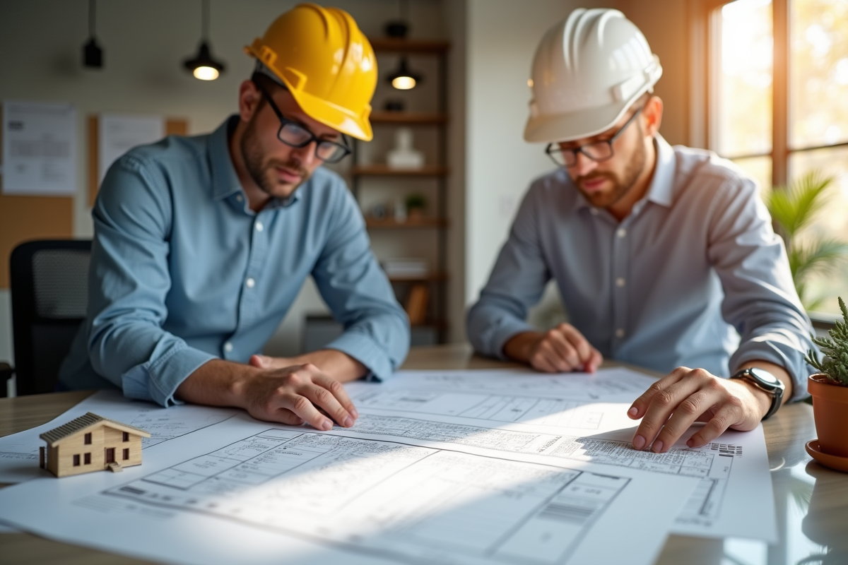 Architecte et entrepreneur examinent des plans dans un bureau moderne
