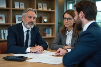 Avocat et cliente discutent dossier immobilier dans un bureau