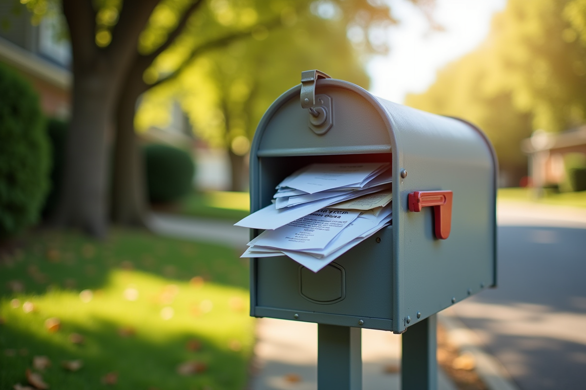 Boîte aux lettres débordante avec courrier ensoleillé