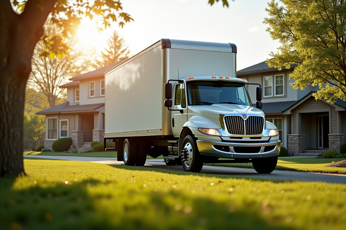 Camion de déménagement garé devant une maison de banlieue au matin