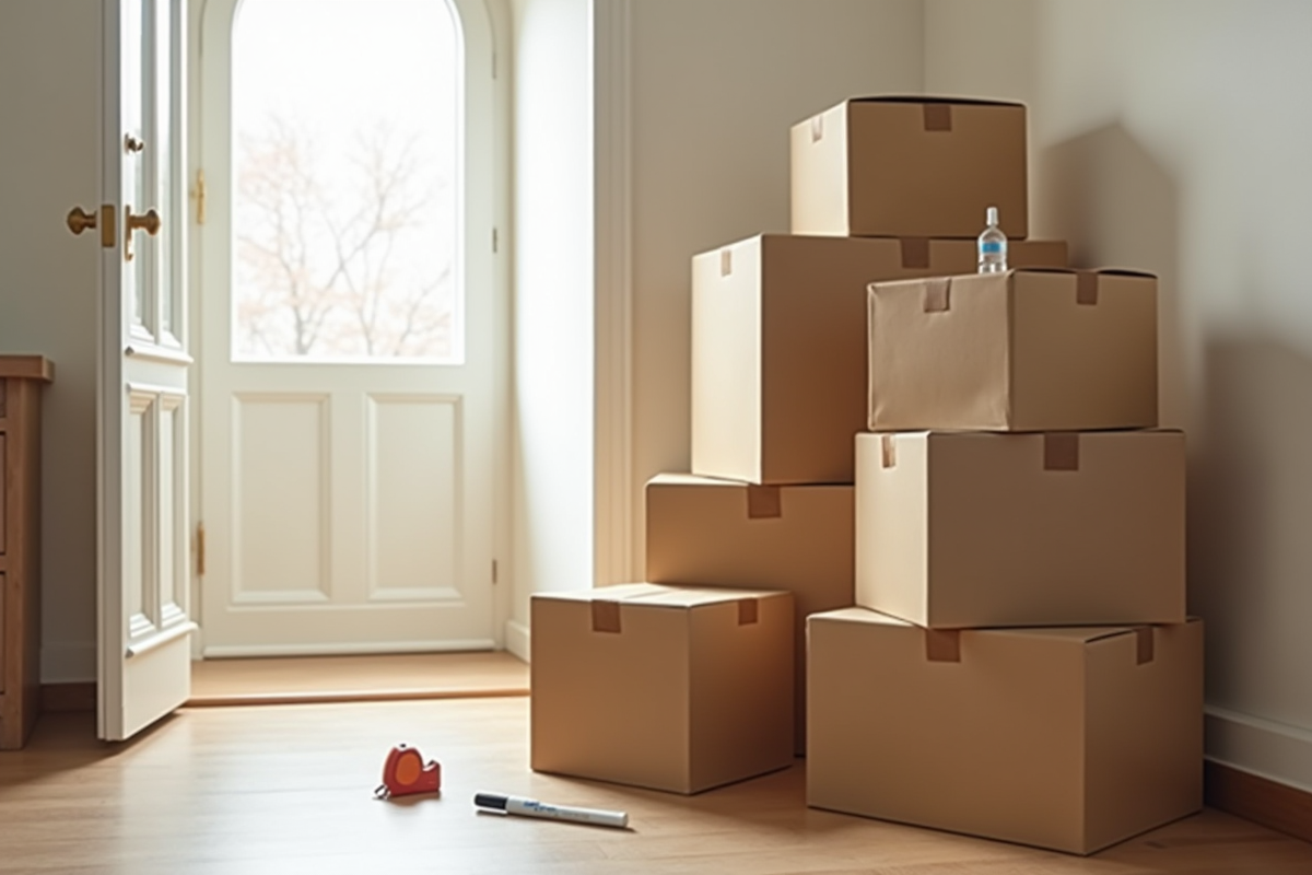 Cartons étiquetés empilés près de la porte d