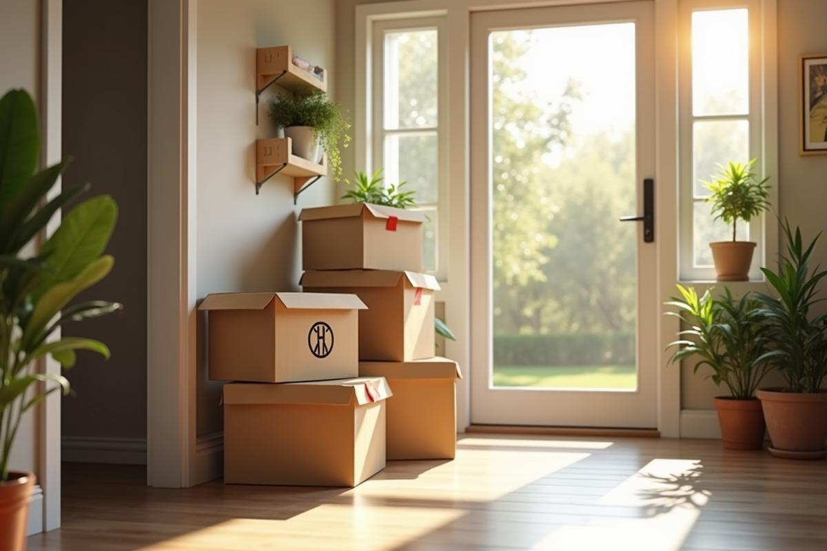 Cartons étiquetés rangés près de la porte d