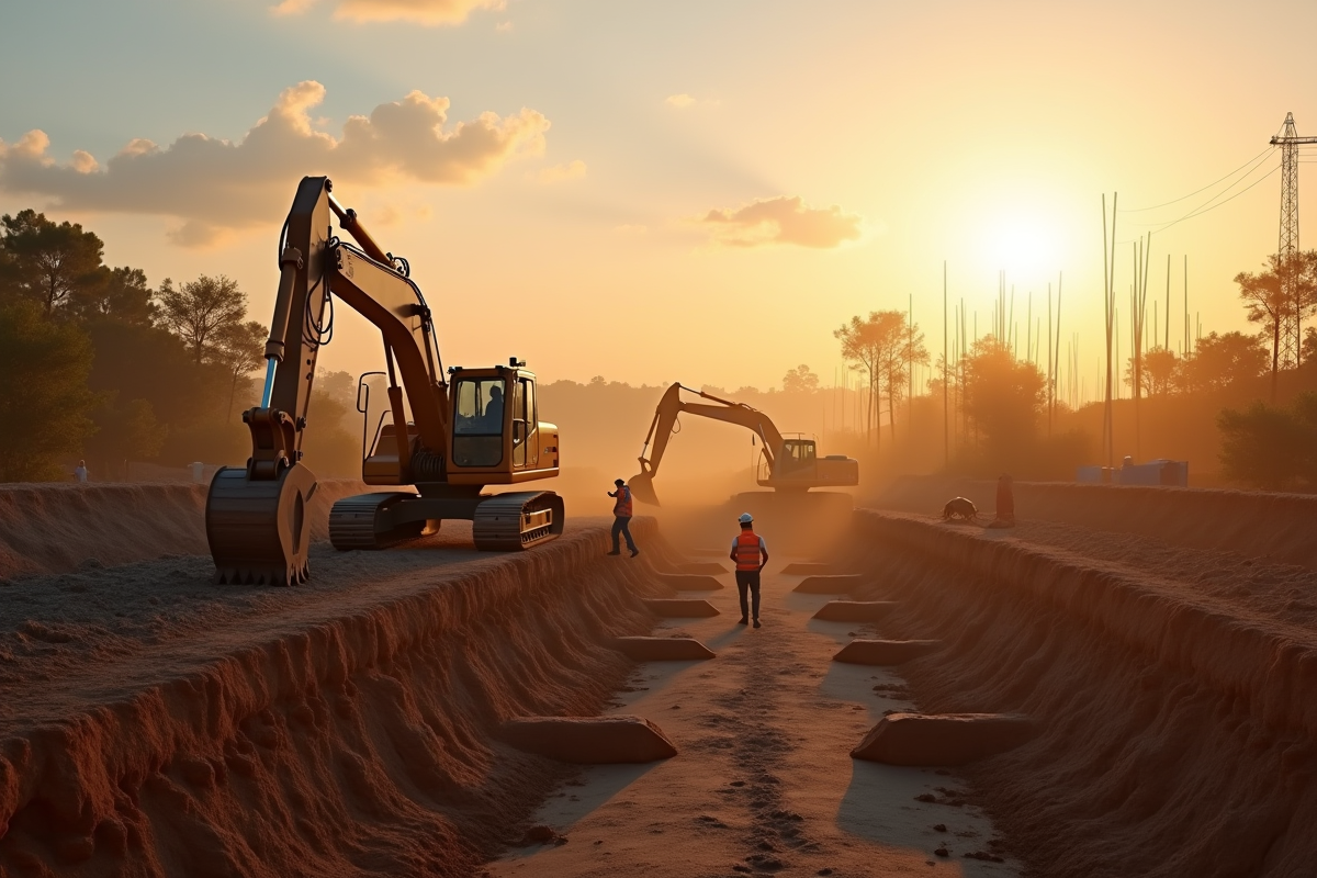 Chantier en début de construction au lever du soleil avec ouvriers et engins