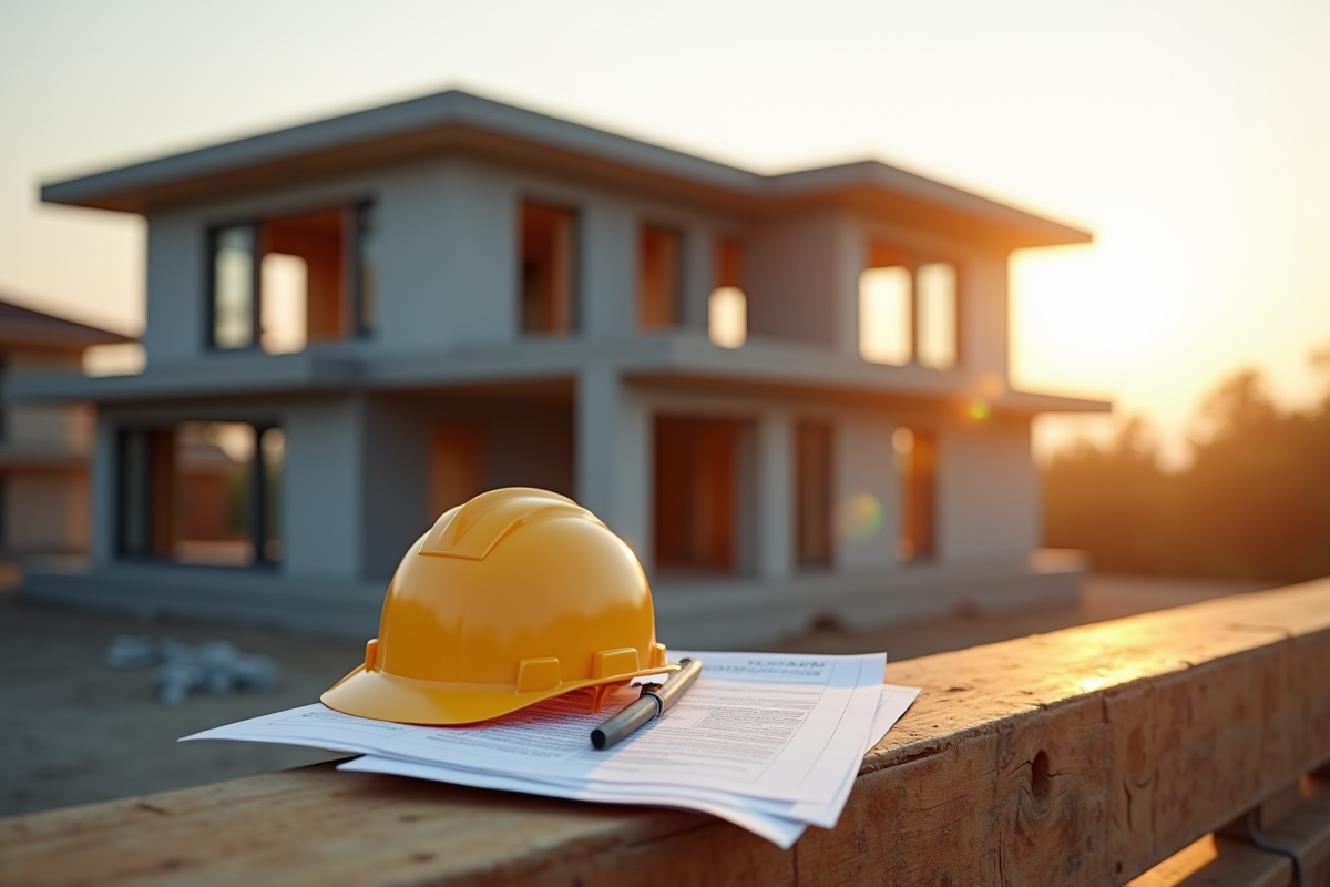 Chantier avec maison en construction et casque de sécurité