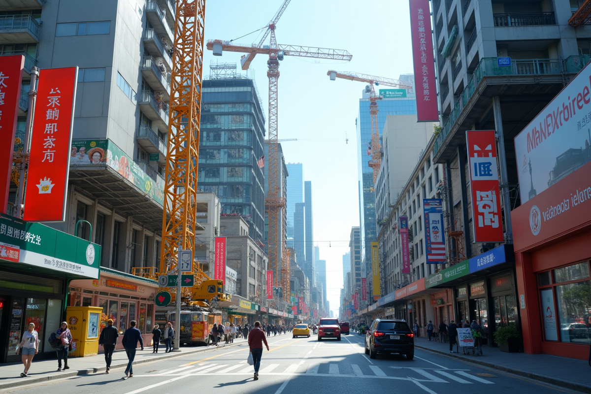 Rue animée avec chantiers et panneaux d information en journée