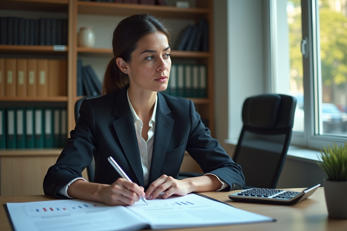 Femme comptable analysant documents dans son bureau