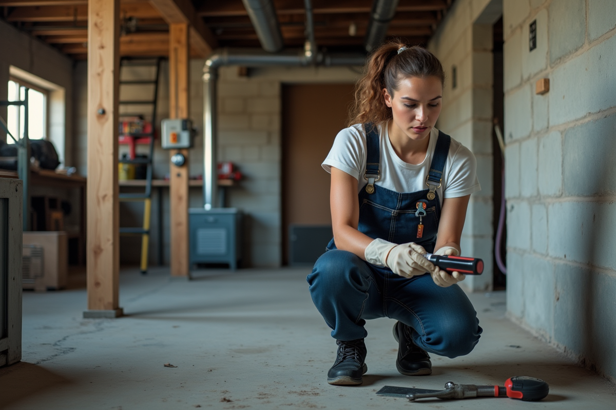 Jeune femme analyse un échantillon dans un sous-sol en travaux