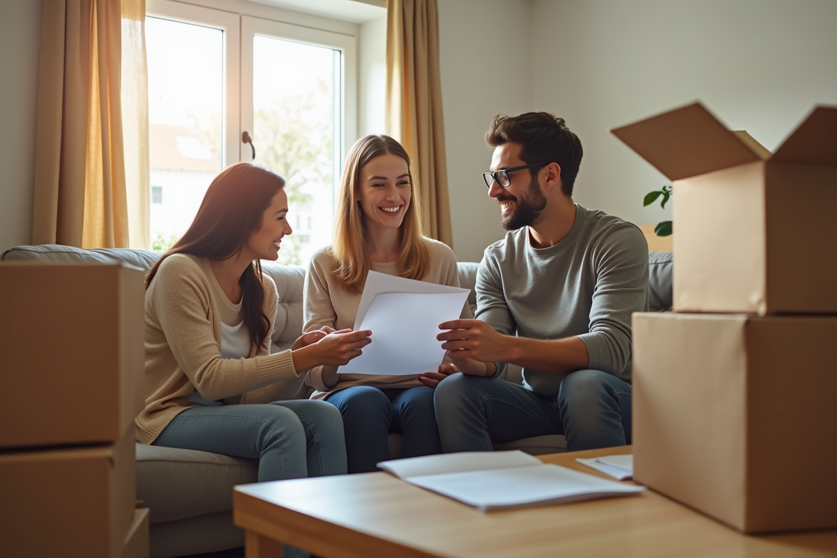 Couple discutant avec un agent de déménagement dans un salon lumineux