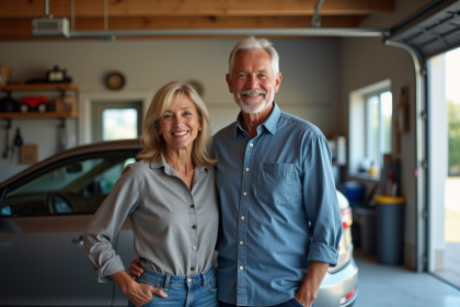 Couple souriant dans un garage bien organis&eacute; avec voiture