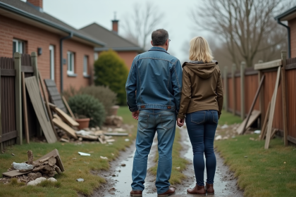 Couple regardant leur maison inondée et débris