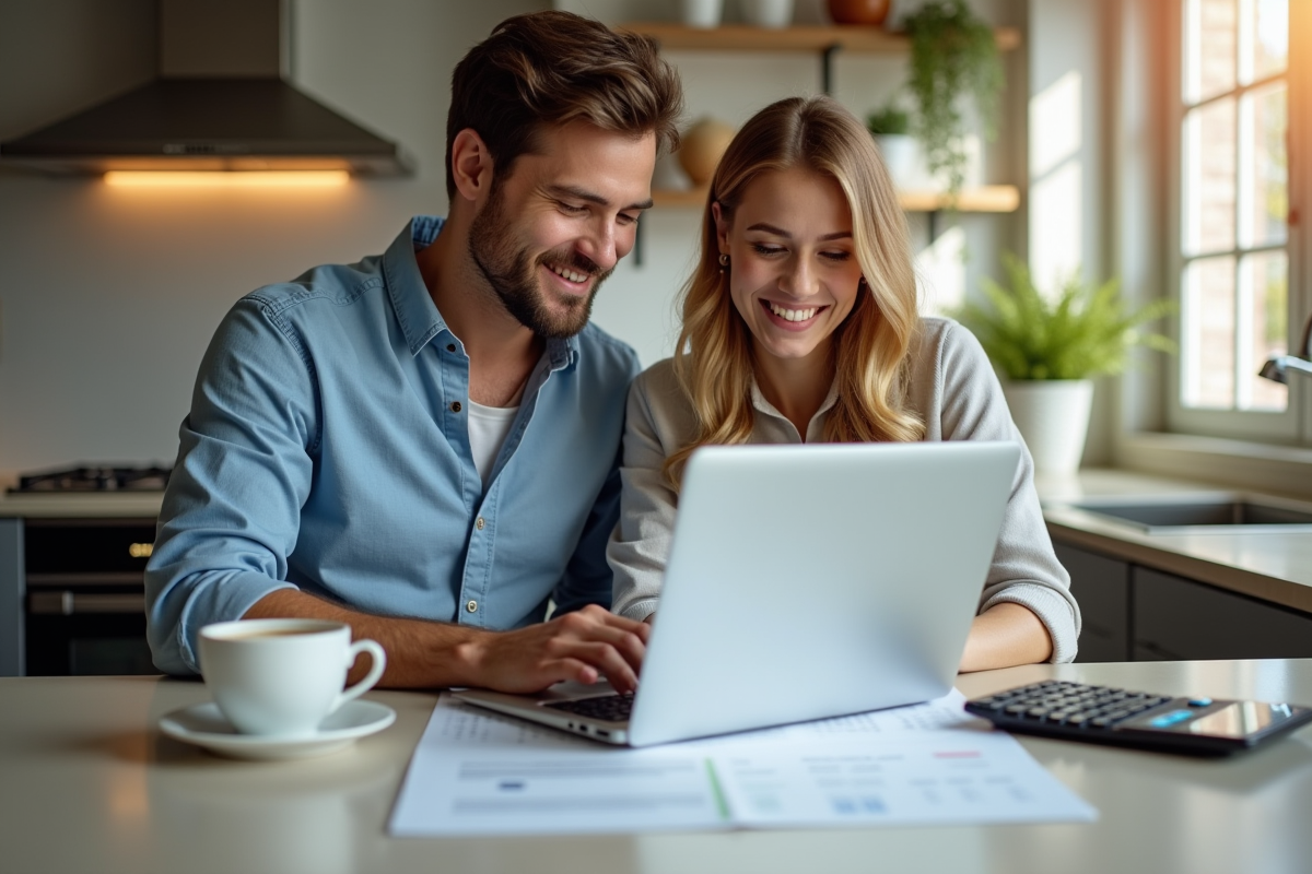 Couple souriant utilisant un ordinateur dans la cuisine