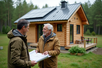 Couple discutant plans d'une maison écologique en extérieur