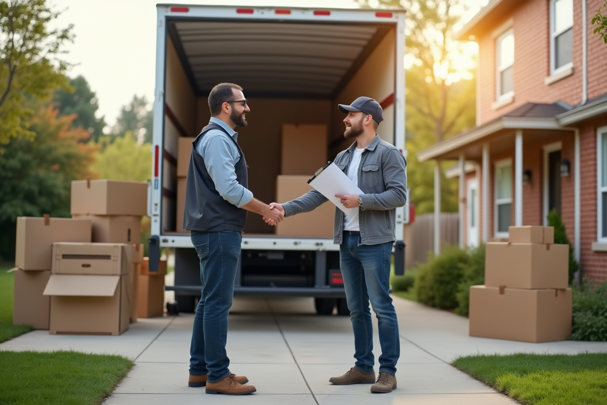 Agent de déménagement serrant la main du propriétaire devant un camion