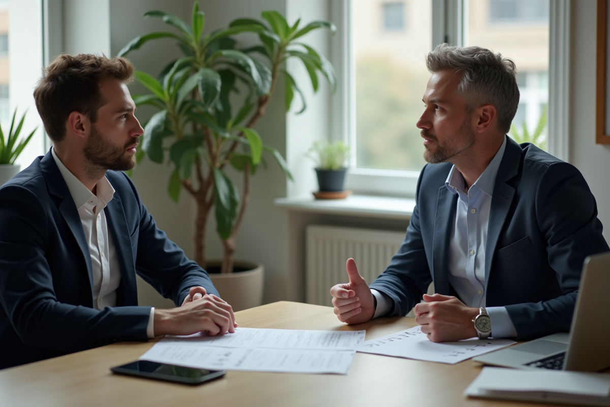 Discussion sérieuse entre locataire et conseiller dans un bureau avec documents