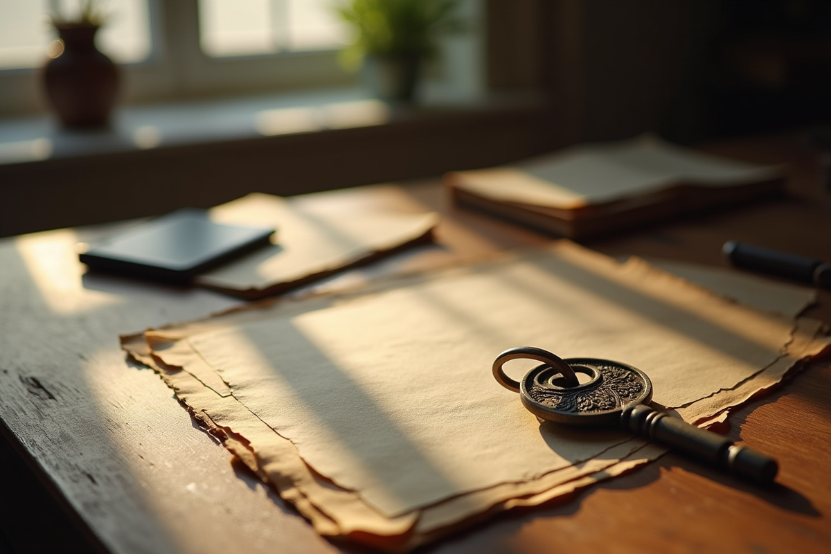 Vieux documents juridiques et clés vintage sur une table en bois