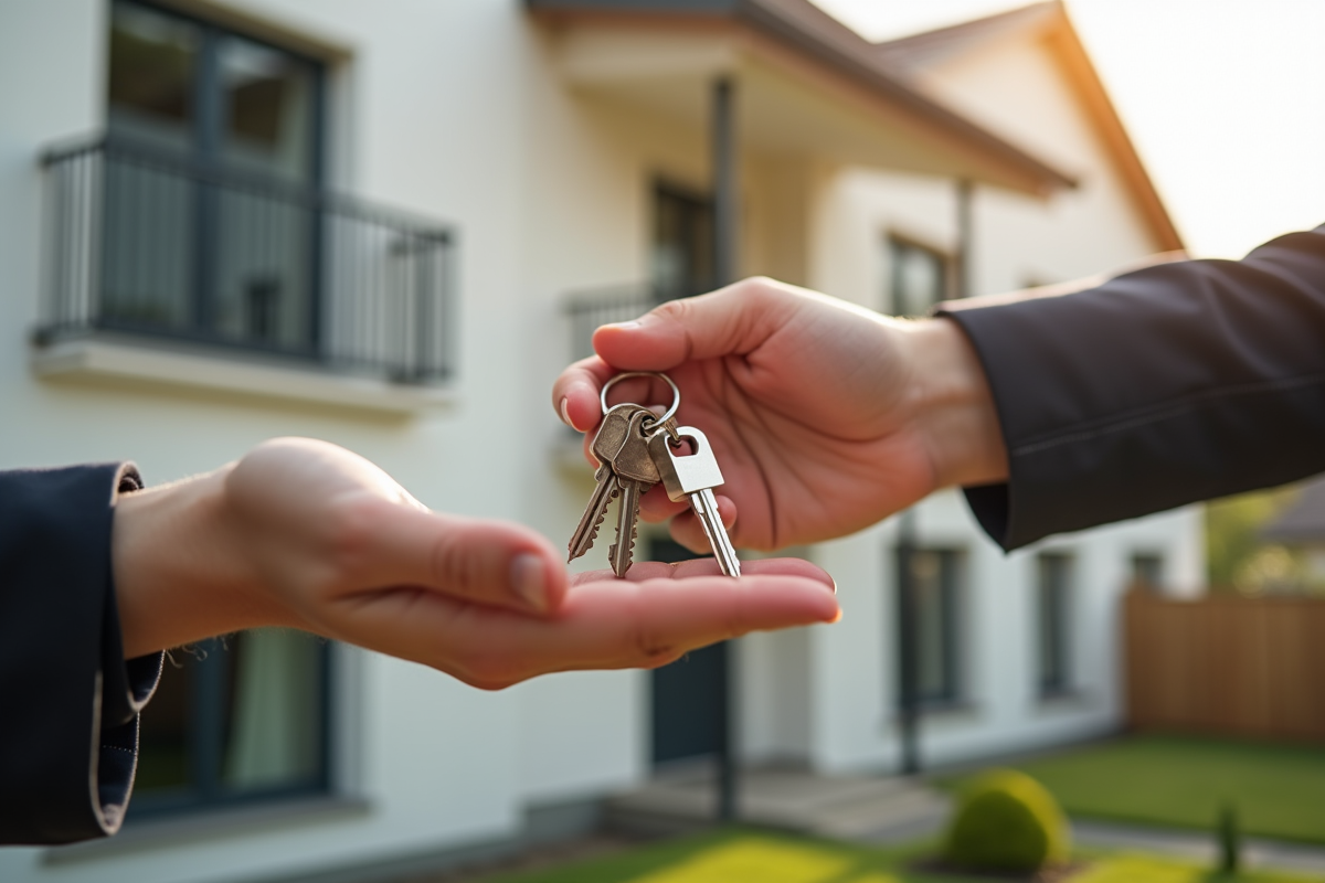 Main remettant des clés devant un immeuble rénové avec skyline en arrière-plan