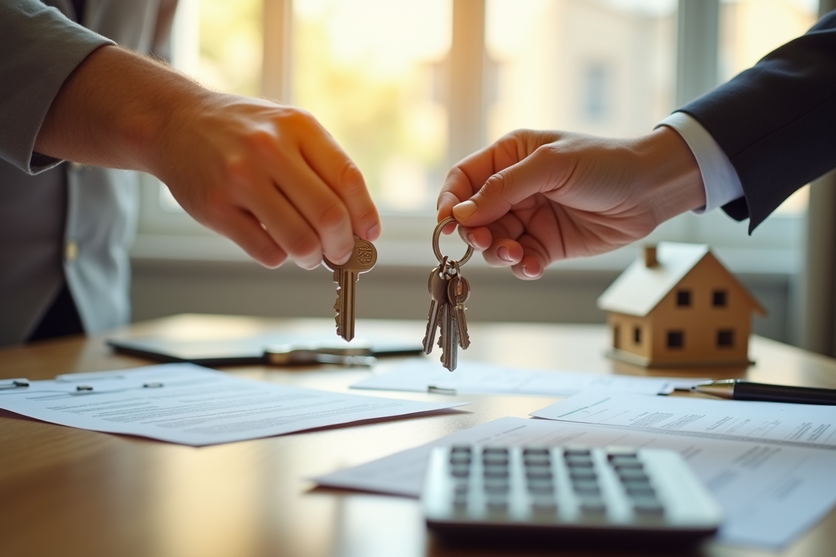 Main échangeant des clés de maison sur un bureau en bois