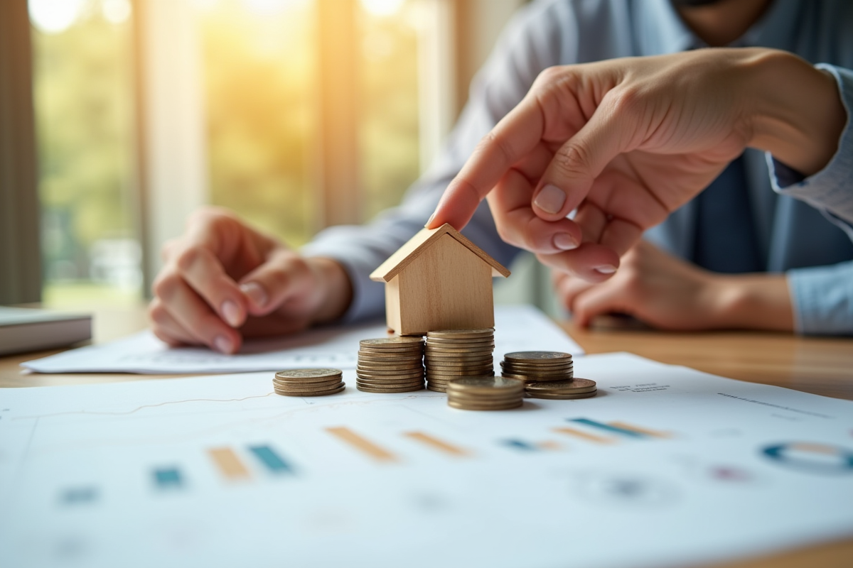 Main échangeant une petite maison en bois et des pièces de monnaie