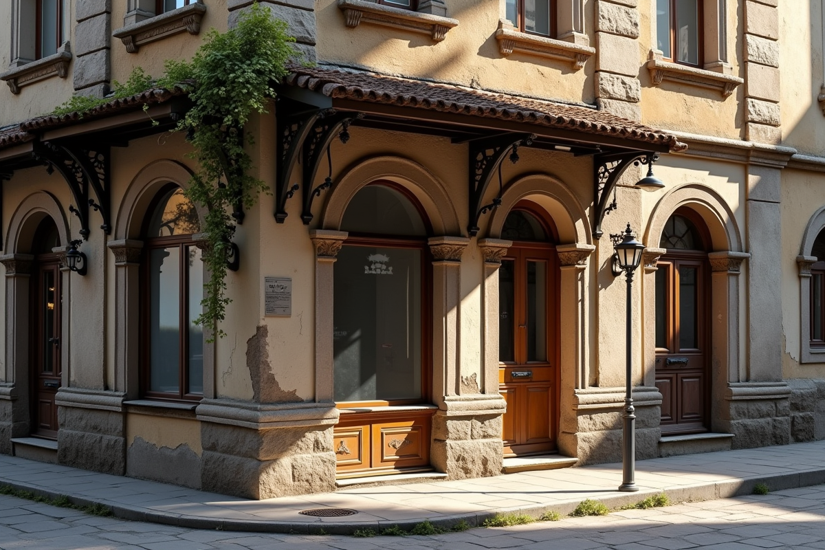 Façade d un vieux bâtiment avec panneau a vendre en ville