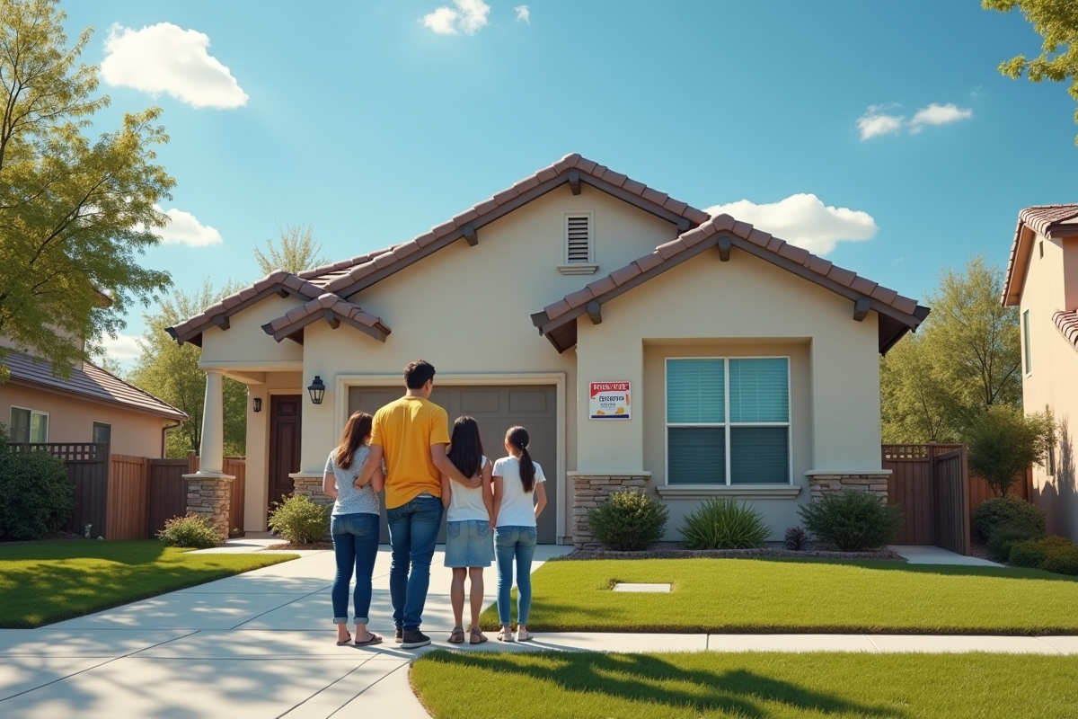 Une famille devant une maison en vente dans un quartier résidentiel ensoleille