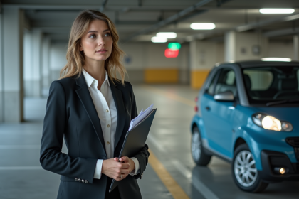Femme d'affaires dans un parking moderne avec dossier