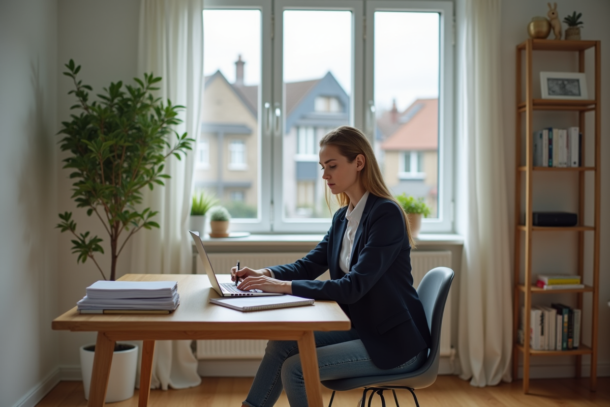 Jeune femme travaillant sur un ordinateur dans un bureau à domicile