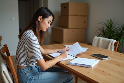 Jeune femme remplissant un formulaire de changement d'adresse &agrave; la maison