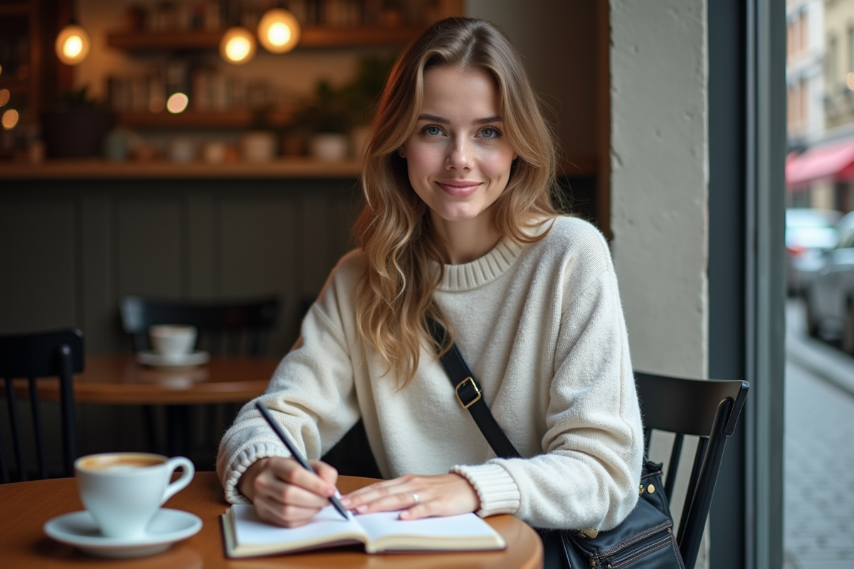 Jeune femme écrivant dans un café en ville