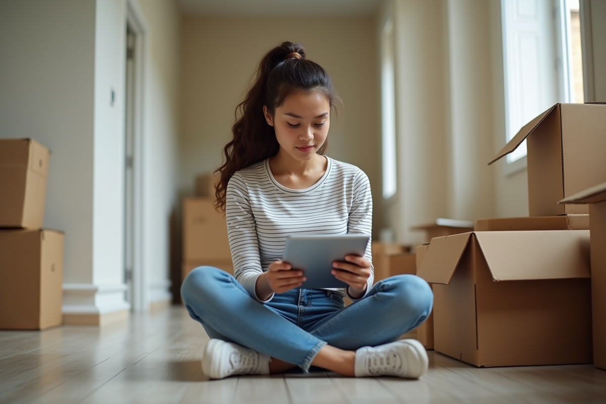 Jeune femme regardant une facture sur sa tablette dans un couloir