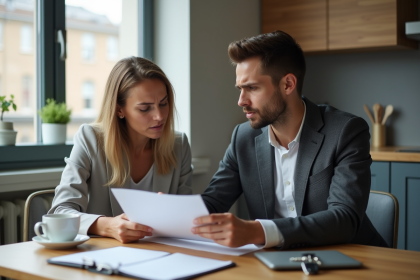 Femme et jeune homme discutant &agrave; la table de cuisine