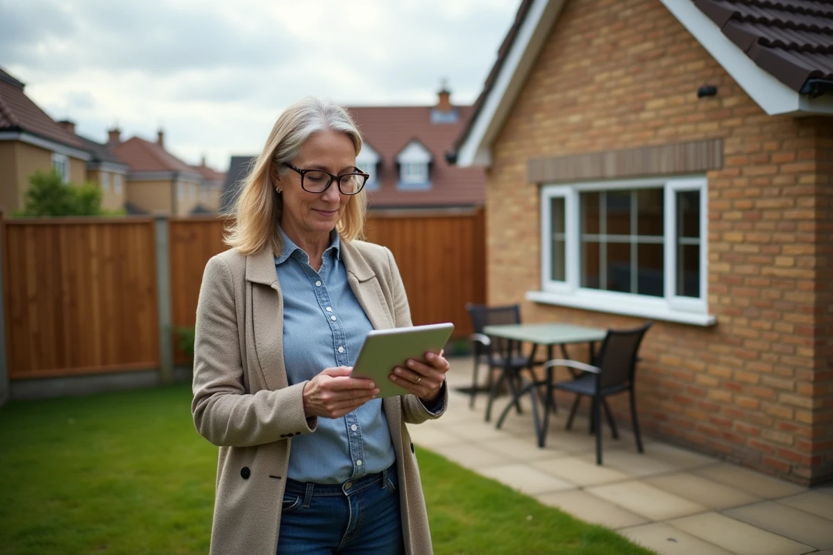 Femme regarde sa maison avec une tablette en extérieur