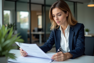 Femme professionnelle examine un contrat de prêt immobilier