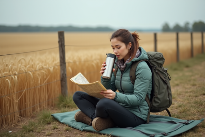 Jeune femme en randonnée sirote un thermos près d'un champ de blé