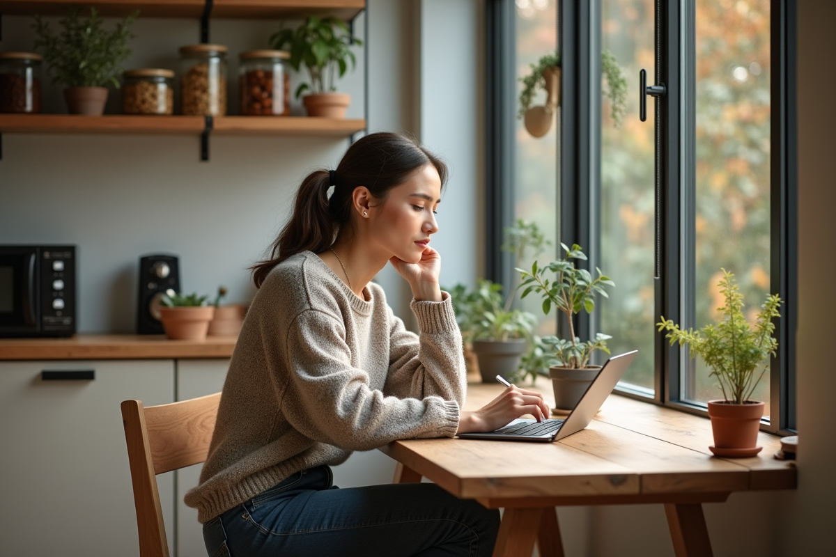 Femme dans cuisine durable regardant un tablet