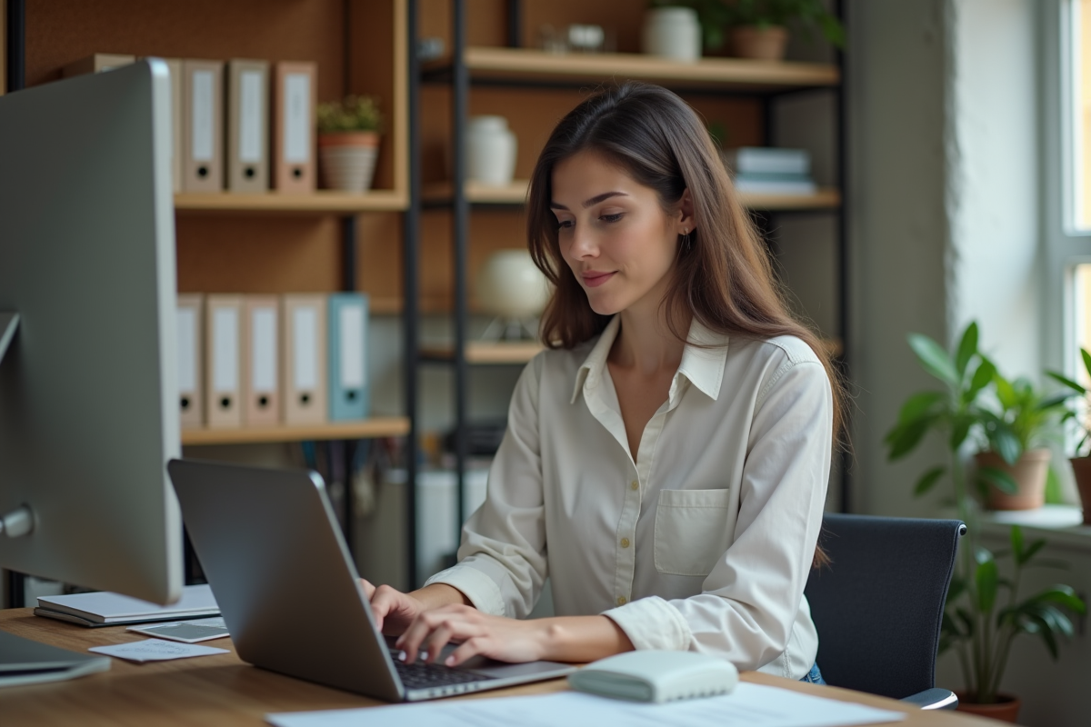 Jeune femme travaille sur son ordinateur dans un bureau organisé