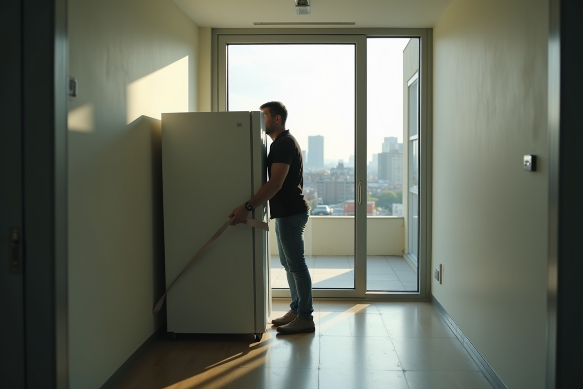 Un homme déplace un frigo dans un couloir étroit en utilisant une sangle