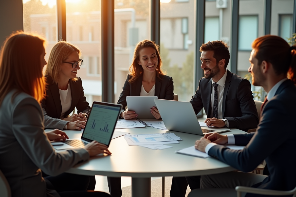 Groupe diversifié discutant stratégies financières en réunion