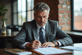 Homme d'affaires en costume gris dans un bureau moderne
