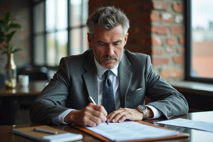 Homme d'affaires en costume gris dans un bureau moderne