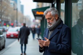 Homme d'âge moyen au arrêt de bus en ville