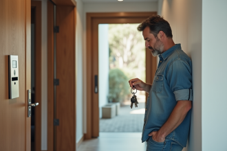 Homme d'âge moyen avec clés devant porte moderne