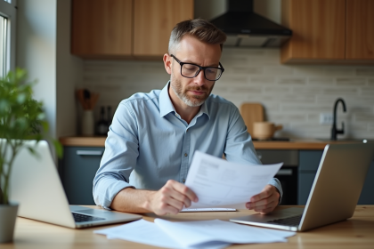 Homme d'&acirc;ge moyen examinant factures de r&eacute;novation